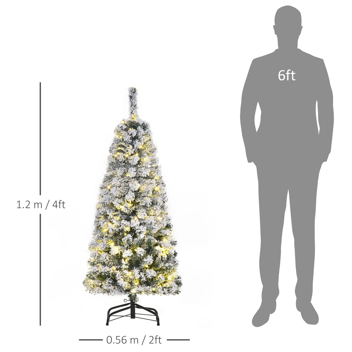 4-foot flocked Christmas tree with warm white lights, shown beside a 6-foot size guide