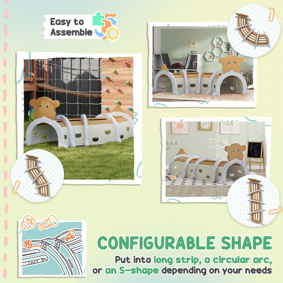 AIYAPLAY monkey play tunnel shown in different room layouts and curved configurations