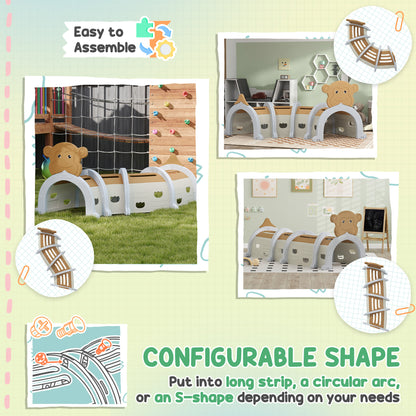 AIYAPLAY monkey play tunnel shown in different room layouts and curved configurations