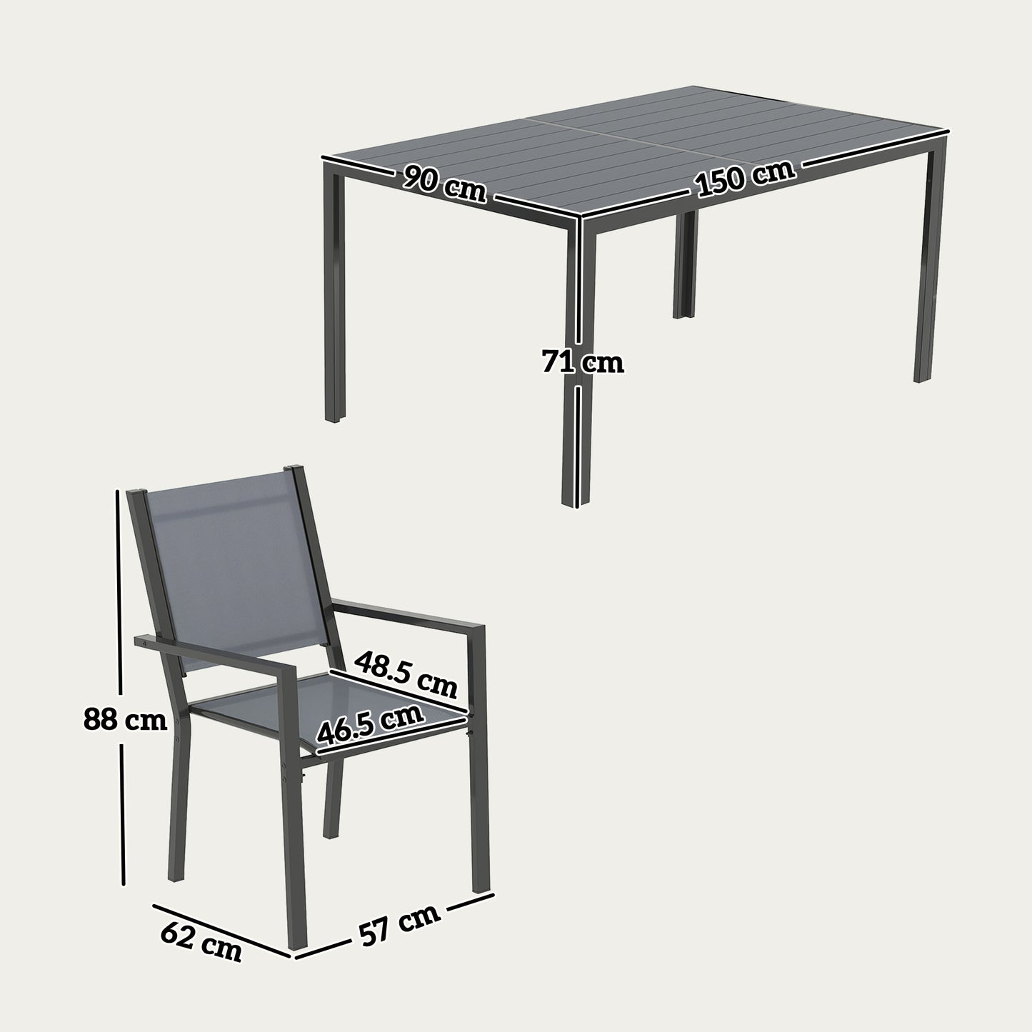 Outsunny 7 Piece Garden Dining Set, Outdoor Furniture Set with 6 Stackable Chairs and 150 cm Rectangle Table, WPC Slatted Top, Rust-Resistant Steel Frame, for Garden, Porch, Terrace