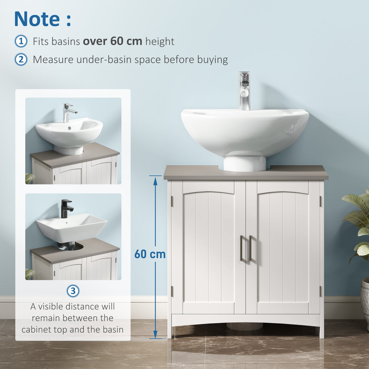 White bathroom vanity cabinet with double doors beneath a pedestal basin.