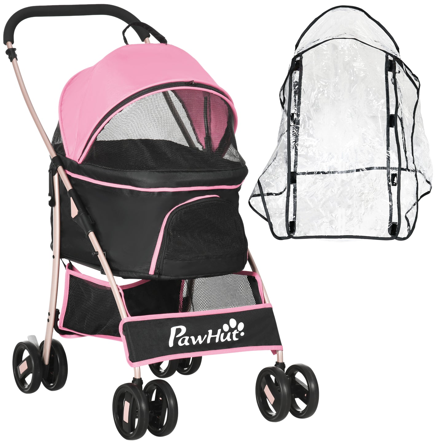 Photo of PawHut Detachable Pet Stroller with Rain Cover, 3 In 1 Cat Dog Pushchair, Foldable Carrying Bag w/ Universal Wheels, Brake, Canopy, Basket, Storage Bag for Small and Tiny Dogs - Pink in Pink colour on a white background