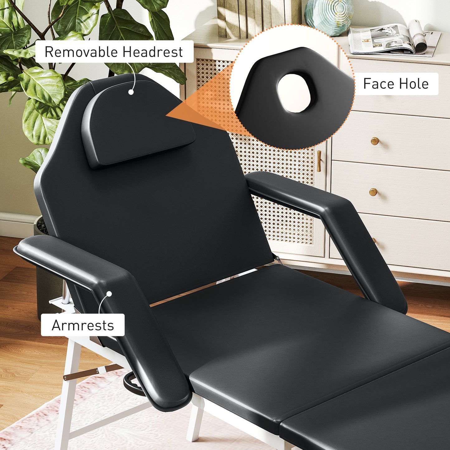 HOMCOM Portable Massage Table, 3 Section Adjustable Beauty Bed, Foldable Massage Bed with Face Hole, Recliner Chair with Removable Headrest and Armrests for Spa, Lash, Tattoo, Black
