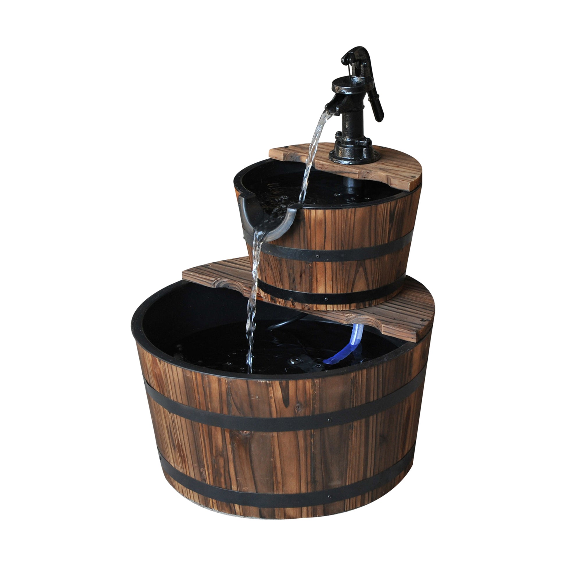 Photo of Outsunny Wooden Water Pump Fountain, 2 Tier-Fir Wood in Wood colour on a white background