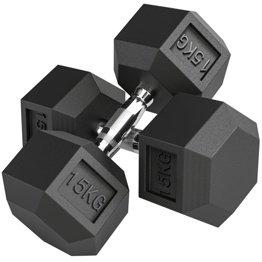 Photo of HOMCOM 2x15KG Rubber Hex Dumbbell Portable Hand Weights Dumbbell Home Gym in Gym colour on a white background