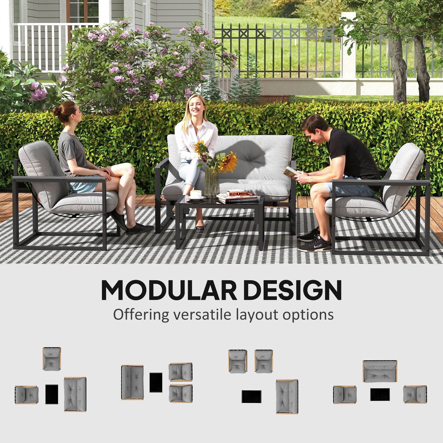 Outsunny Garden Furniture Set, 4 Piece Indoor Outdoor Conservatory with Loveseat Sofa, Armchairs, Glass Top Coffee Table, Cushions for Balcony, Poolside, Patio, Dark Grey