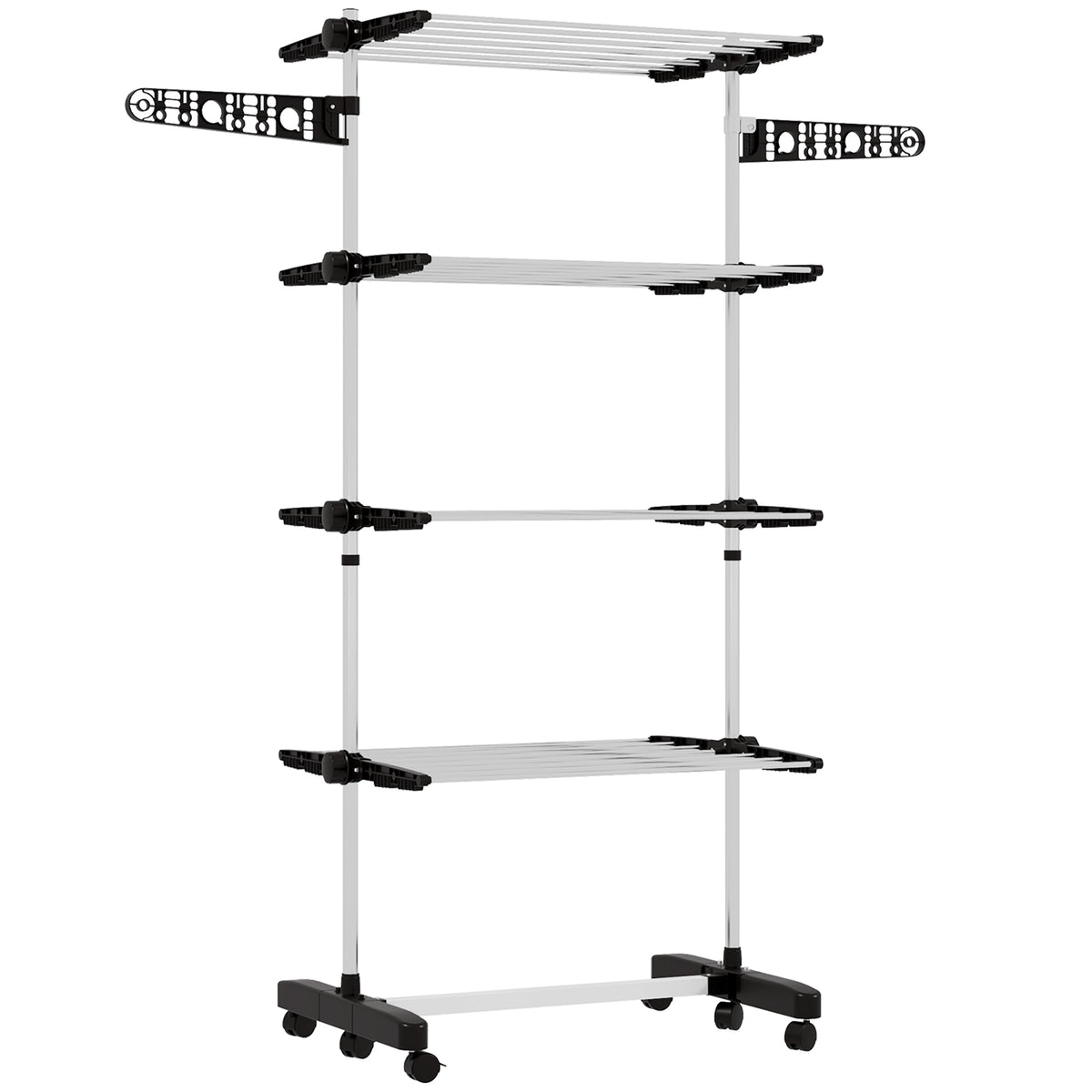 Photo of HOMCOM Four-Shelf Collapsing Clothes Horse, With Side Arms and Wheels - Black in Black colour on a white background