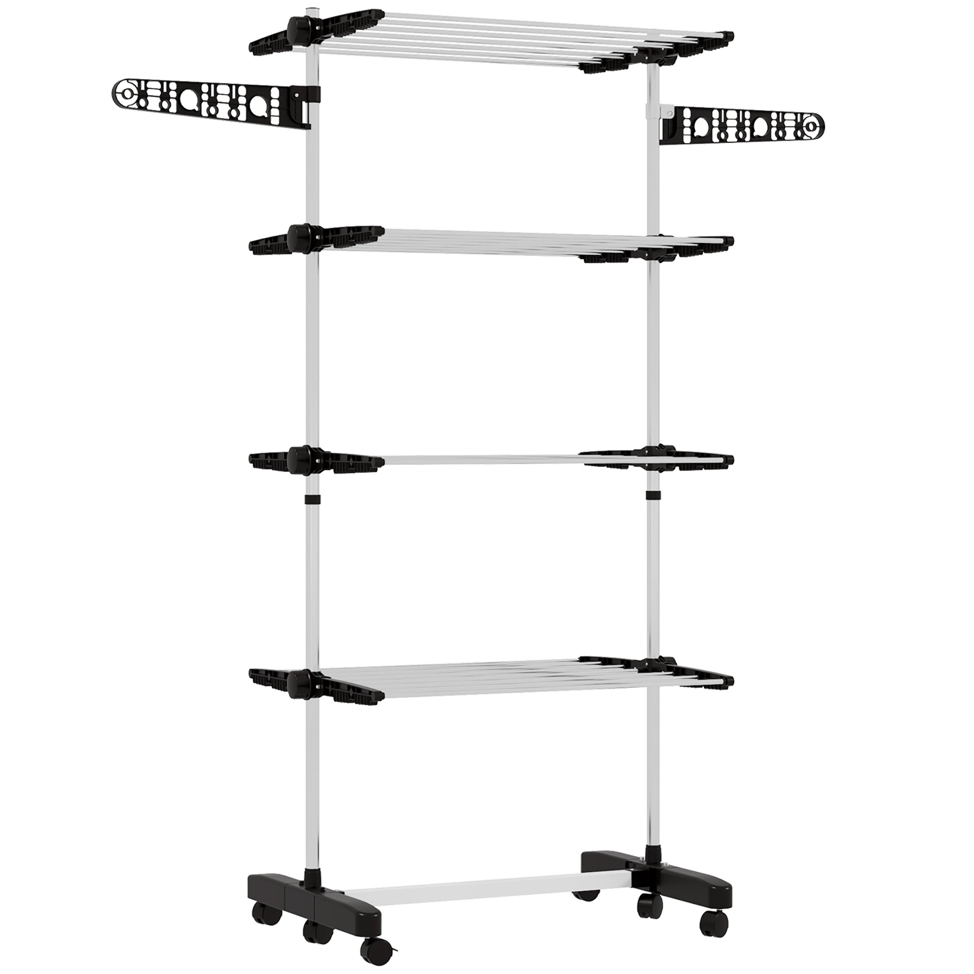 Photo of HOMCOM Four-Shelf Collapsing Clothes Horse, With Side Arms and Wheels - Black in Black colour on a white background