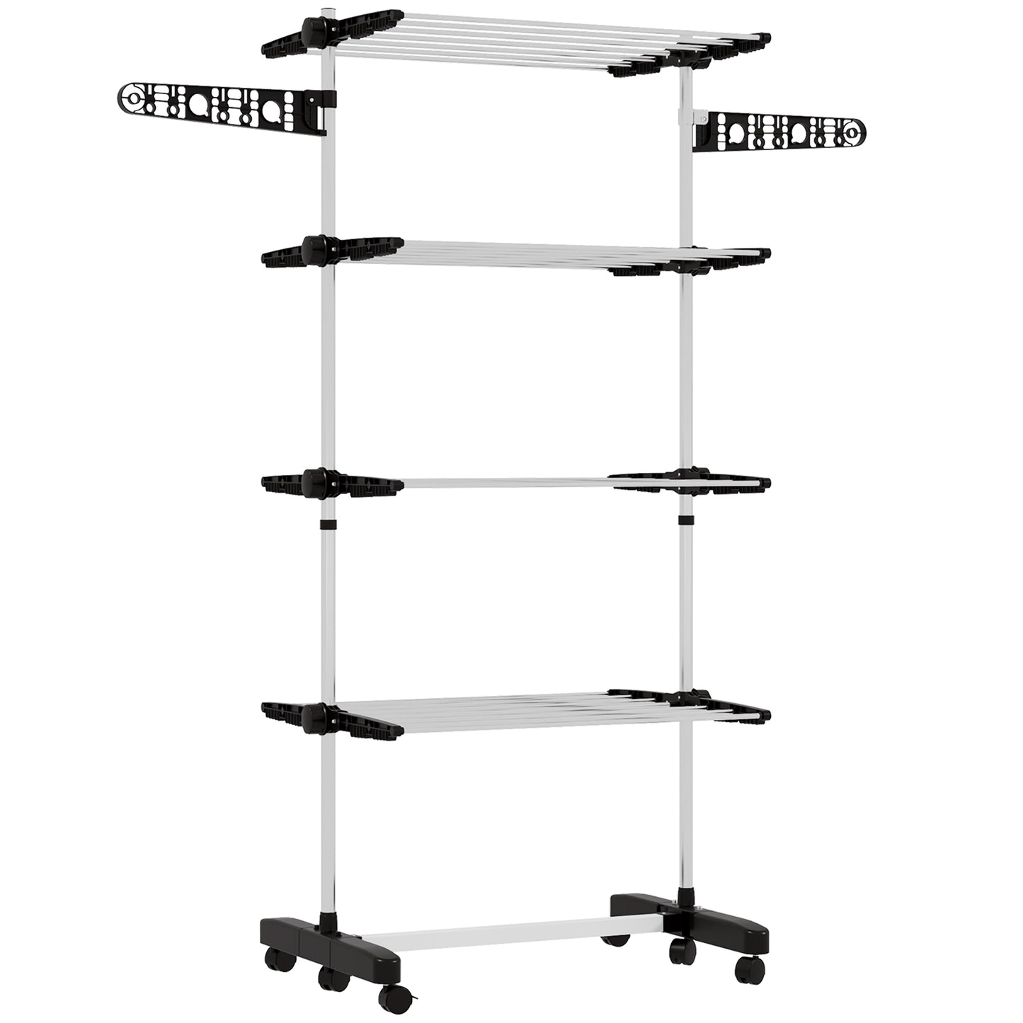 Photo of HOMCOM Four-Shelf Collapsing Clothes Horse, With Side Arms and Wheels - Black in Black colour on a white background