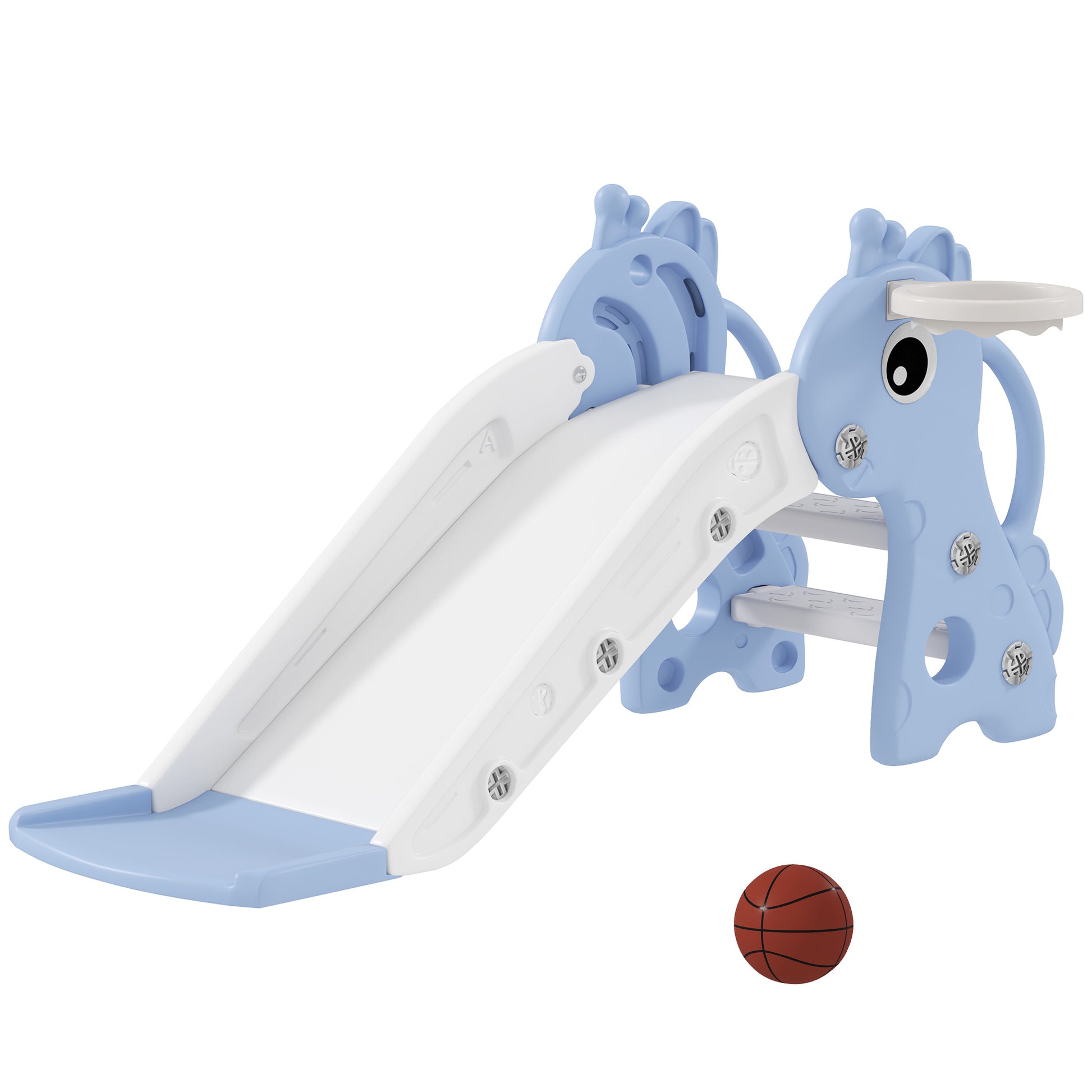 Photo of AIYAPLAY 3 in 1 Kids Slide with Climber, Basketball Hoop and Ball, Giraffe Shape Climber Slide for Indoor Kids Age 1-3, Blue in Blue colour on a white background