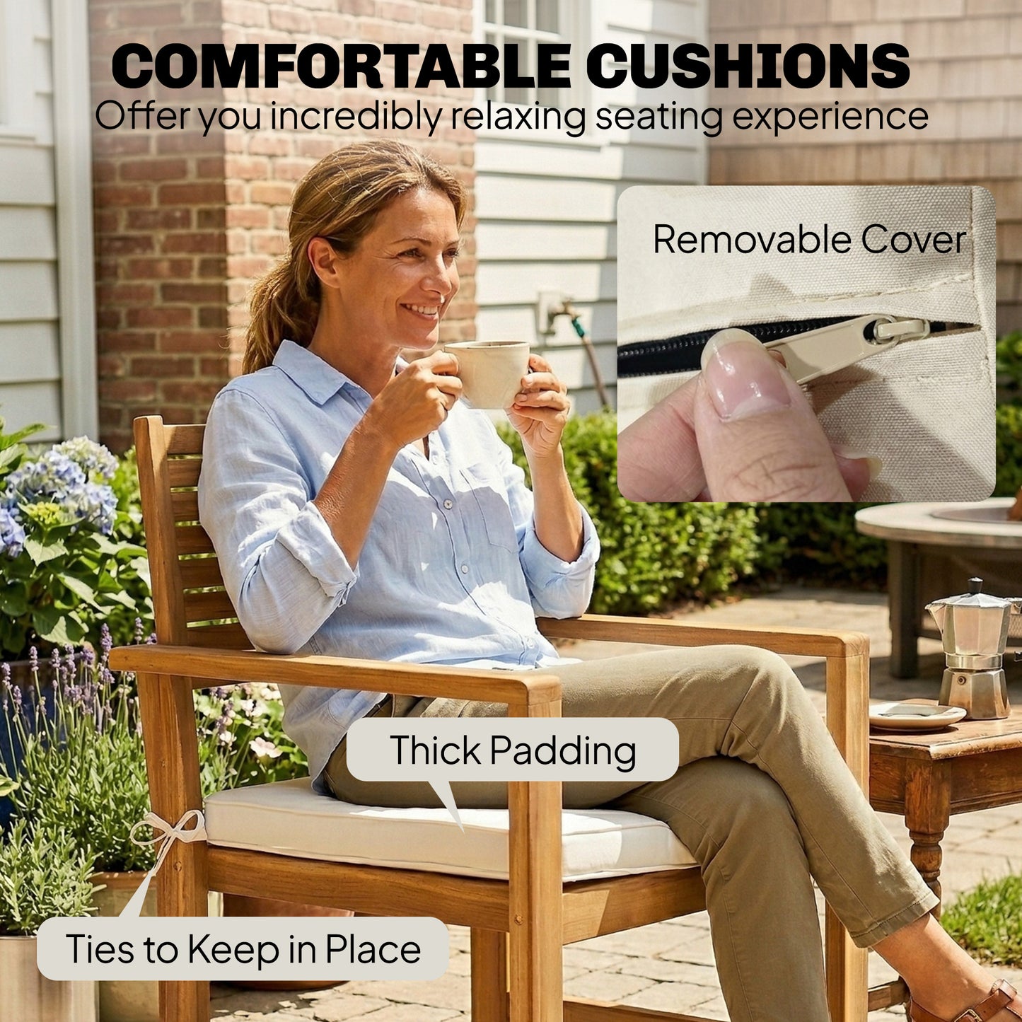 Outsunny 4 Seater Wooden Garden Furniture Set with Loveseat, Armchairs, Table, Acacia Wood Garden Sofa Set, Cream White