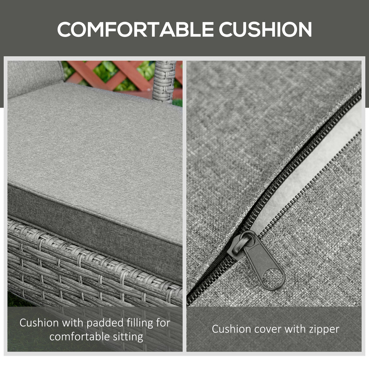 Sun lounger cushion detail with padded fabric and zippered removable cover