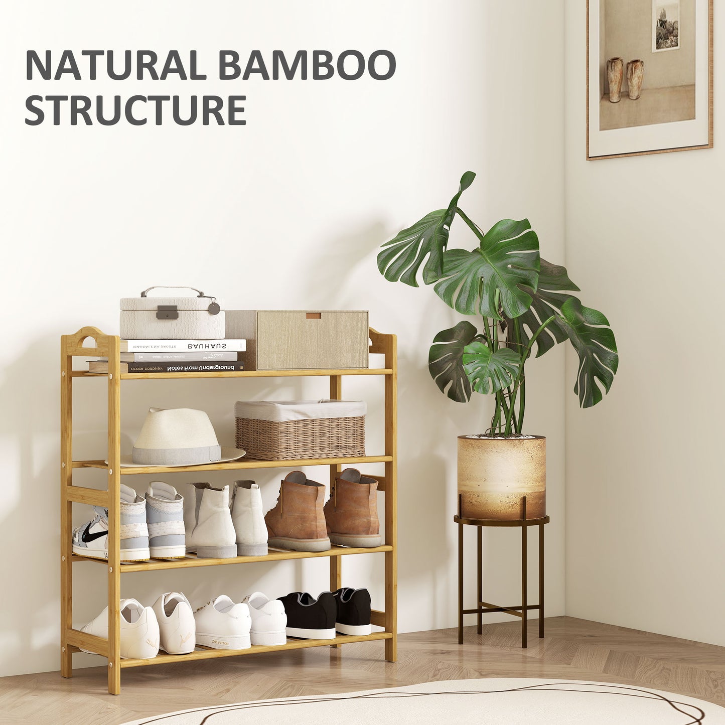 HOMCOM Freestanding Bamboo Shoe Rack, 4-Tier Shoe Shelf Stand for Hallway, Living Room, Bedroom, Natural Wood Finish