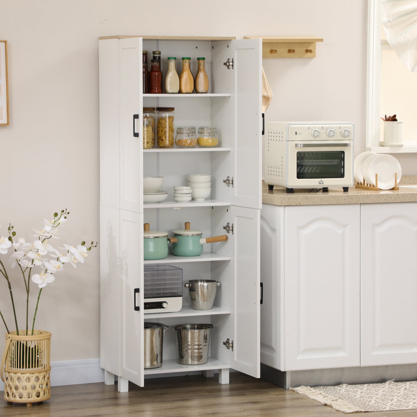 HOMCOM Freestanding Kitchen Cupboard, 4-Door Storage Cabinet Organiser with Adjustable Shelves White Wood Effect