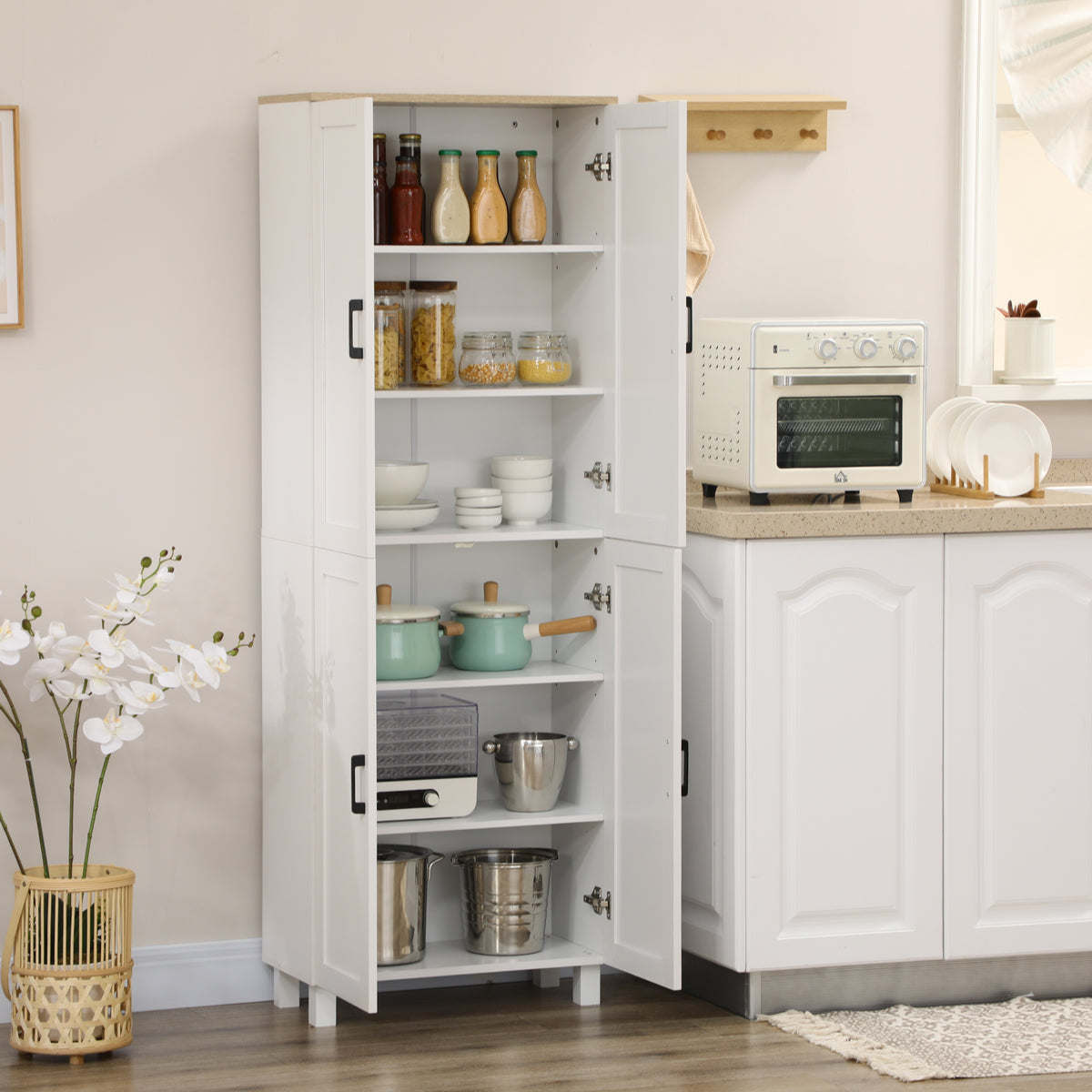 HOMCOM Freestanding Kitchen Cupboard, 4-Door Storage Cabinet Organiser with Adjustable Shelves White Wood Effect