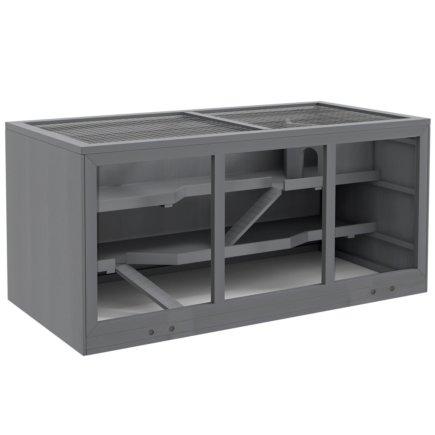 Photo of PawHut Wooden Hamster Cage, Small Animals Hutch with Tray, Openable Top, Exercise Play House Pen, 115L x 57W x 55Hcm, Grey in Grey colour on a white background