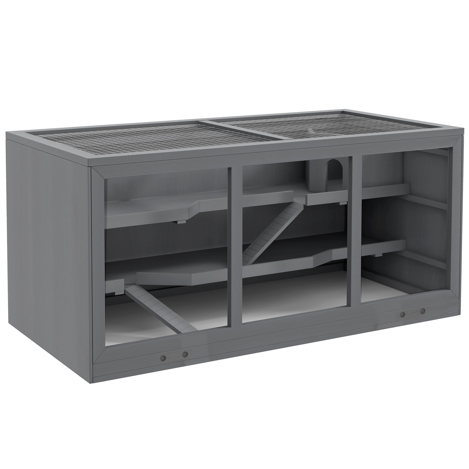 Photo of PawHut Wooden Hamster Cage, Small Animals Hutch with Tray, Openable Top, Exercise Play House Pen, 115L x 57W x 55Hcm, Grey in Grey colour on a white background