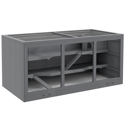 Photo of PawHut Wooden Hamster Cage, Small Animals Hutch with Tray, Openable Top, Exercise Play House Pen, 115L x 57W x 55Hcm, Grey in Grey colour on a white background