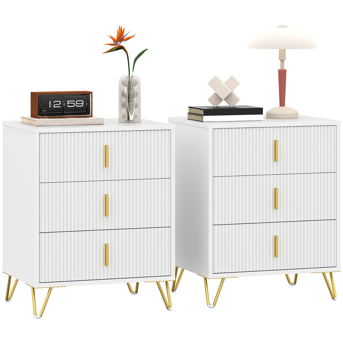 Photo of HOMCOM Set of 2 Elegant Chest of Three Drawers - White/Gold-Tone in White/Gold-Tone colour on a white background