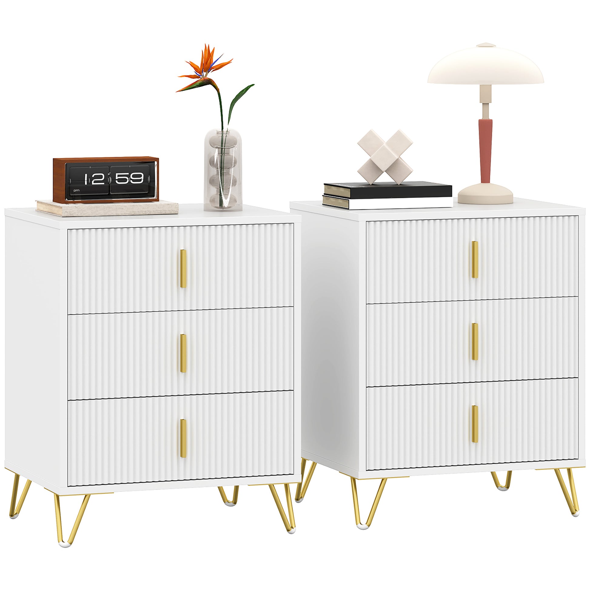 Photo of HOMCOM Set of 2 Elegant Chest of Three Drawers - White/Gold-Tone in White/Gold-Tone colour on a white background