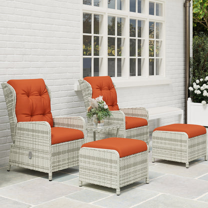 Five-piece wicker patio set with two orange-cushioned chairs, table and footstools