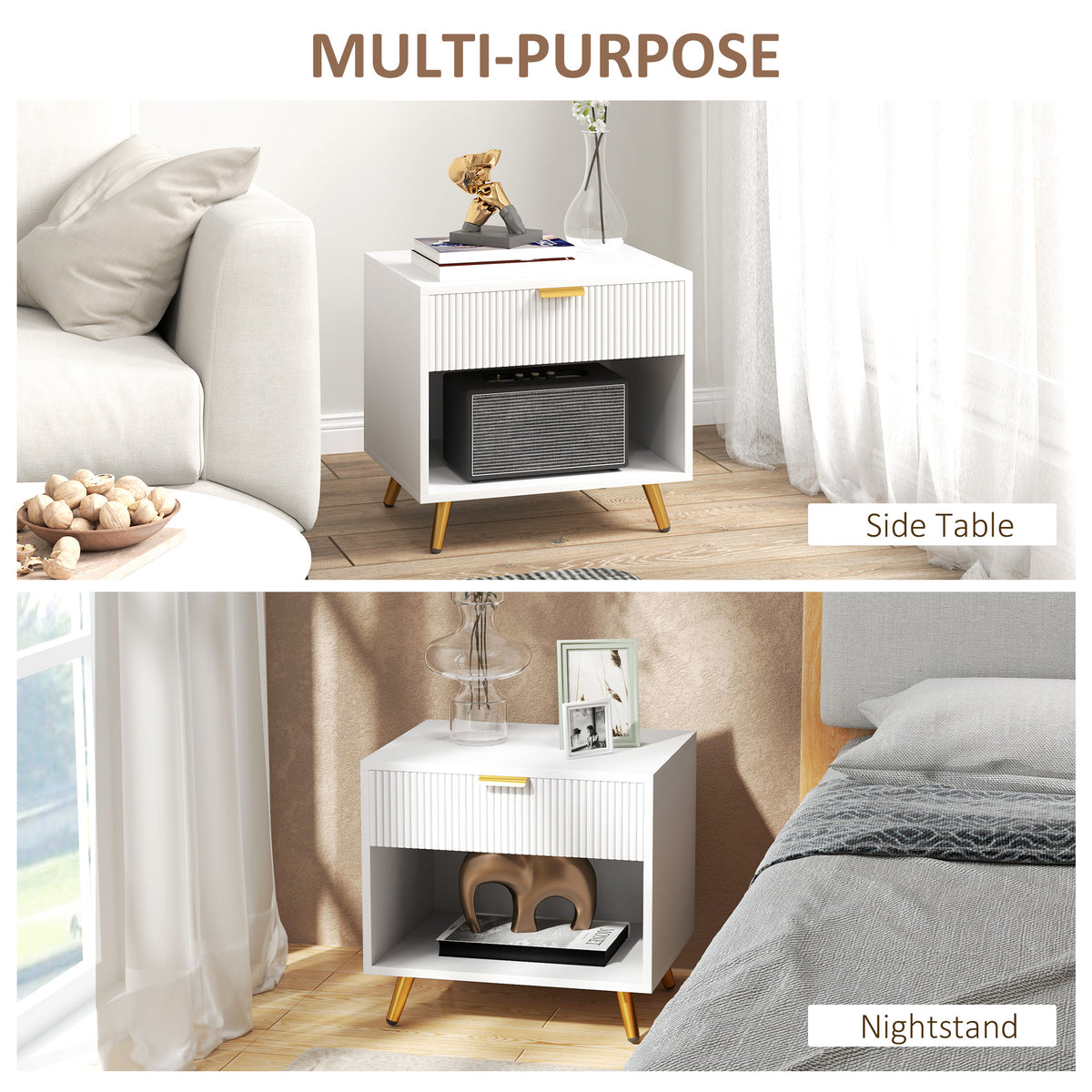 White bedside table shown as a side table and nightstand