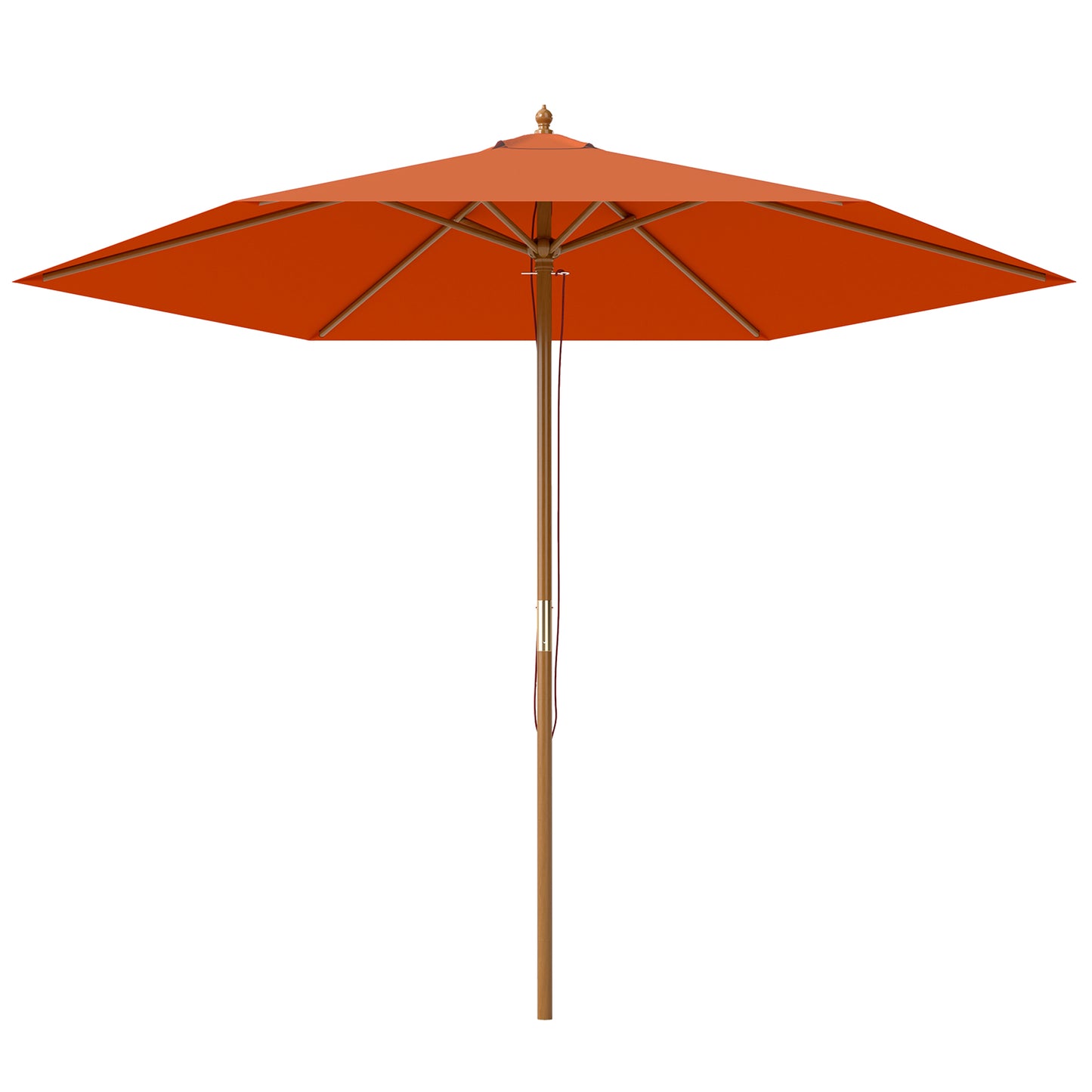 Photo of Outsunny 2.5m Wood Garden Parasol Sun Shade Patio Outdoor Wooden Umbrella Canopy, Table Market Umbrella with Vent, 38mm Pole, Rope Pulley Mechanism, Orange in Orange colour on a white background
