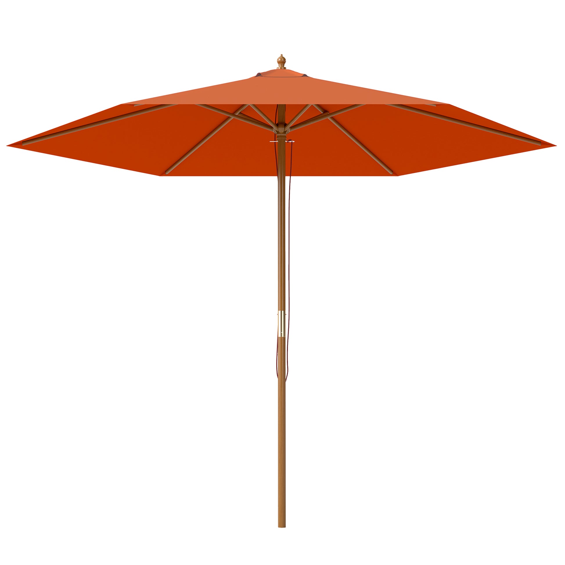 Photo of Outsunny 2.5m Wood Garden Parasol Sun Shade Patio Outdoor Wooden Umbrella Canopy, Table Market Umbrella with Vent, 38mm Pole, Rope Pulley Mechanism, Orange in Orange colour on a white background