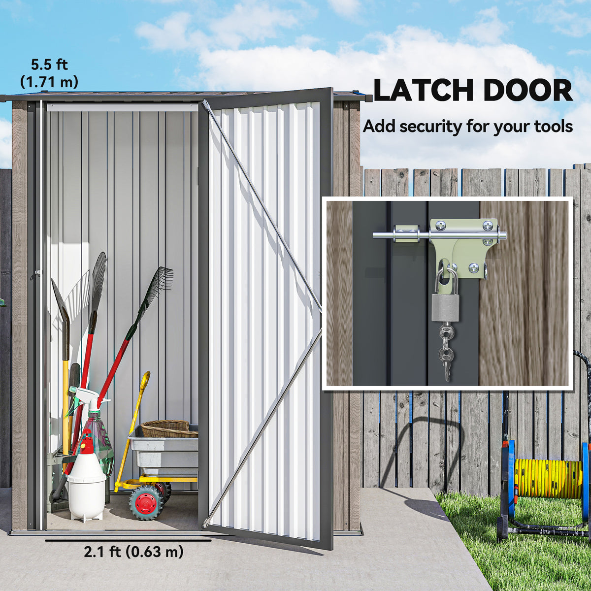 Outsunny metal garden shed with open door, tool storage and close-up of latch