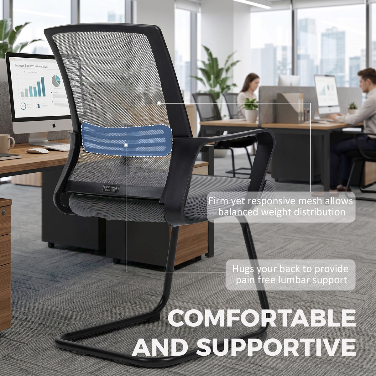 HOMCOM Padded Meeting Office Chair, Ergonomic Desk Chair No Wheels with Sled Base for Bedroom, Waiting, Reception, Dark Grey