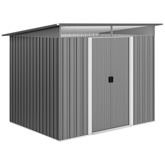 Photo of Outsunny 9ft x 6.5ft Garden Storage Shed with Top Window, Metal Outdoor Shed Tool House with Double Doors, Light Grey in Grey colour on a white background
