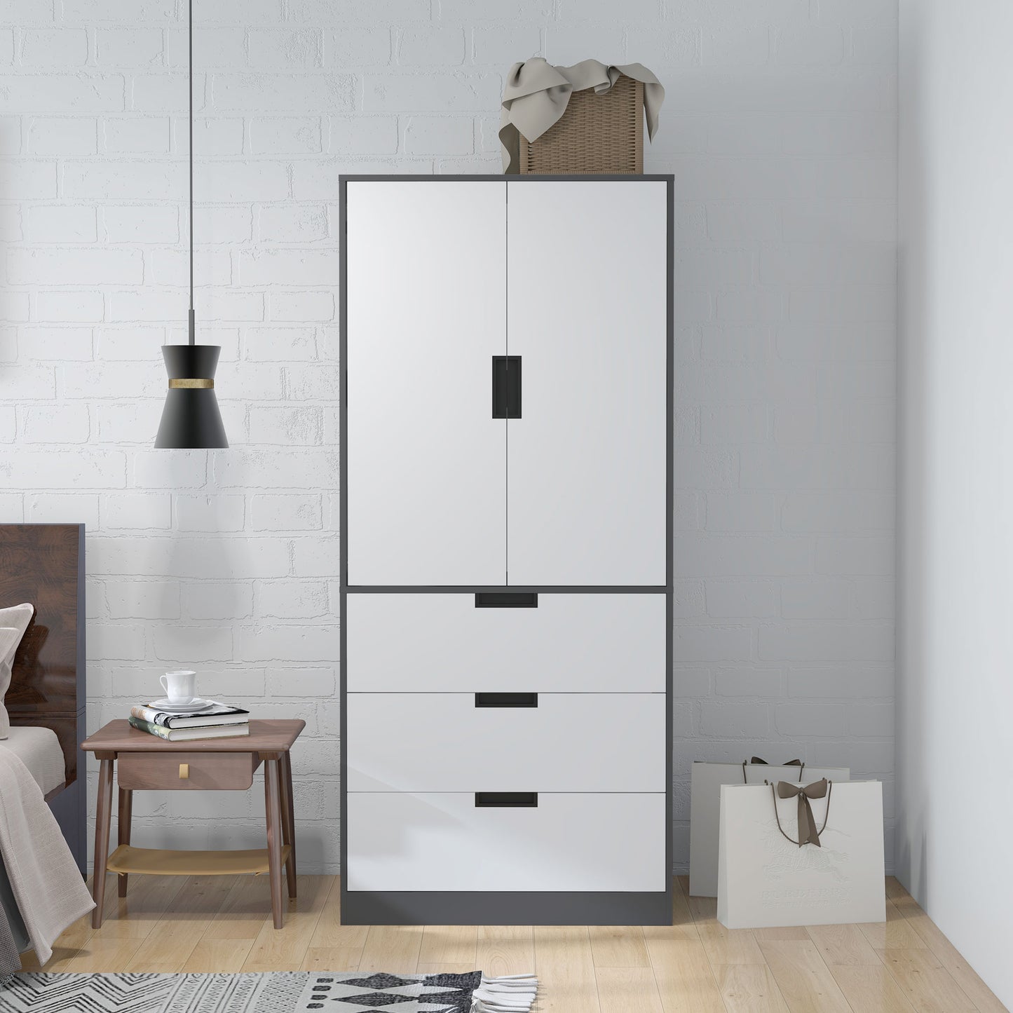 HOMCOM Modern Clothes Storage Cupboard Unit, 3 Drawer 2 Door Wardrobe with Hanging Rod, Grey