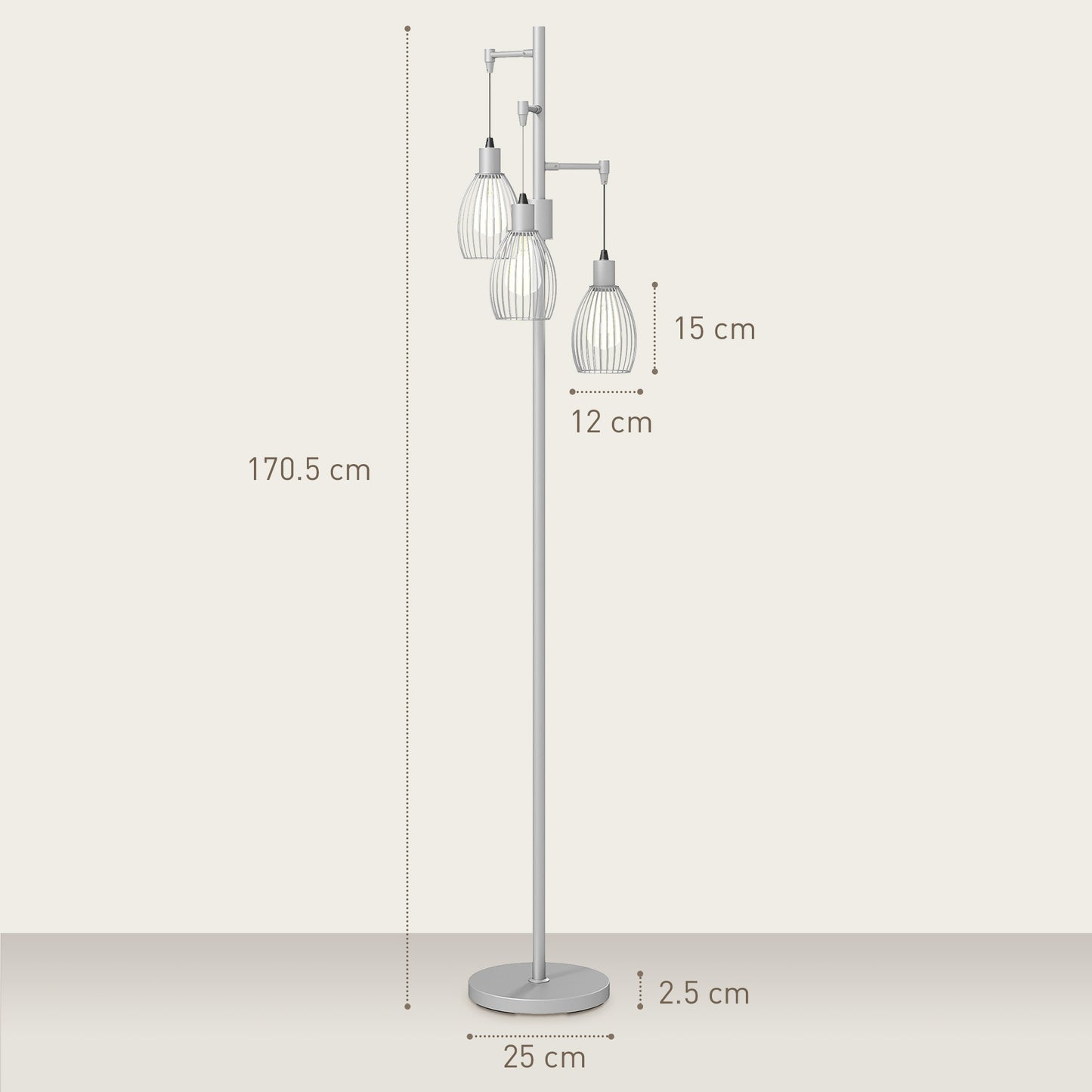 HOMCOM 3-Light Floor Lamp, 170cm Industrial Dimmable Standing Lamp with Steel Wire Cage Lampshades for Living Room, Bedroom, Dining Room, Study, Bulb Not Included, Silver Tone