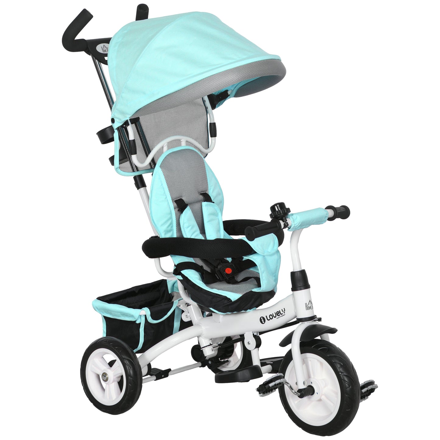 Photo of HOMCOM 6 in 1 Kids Trike Push Bike w/ Push Handle, Canopy, 5-point Seat Belt, Storage, Footrest, Brake, for 1-5 Years, Green in Green colour on a white background