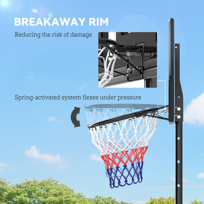 Basketball hoop with spring-loaded breakaway rim and red, white, and blue net