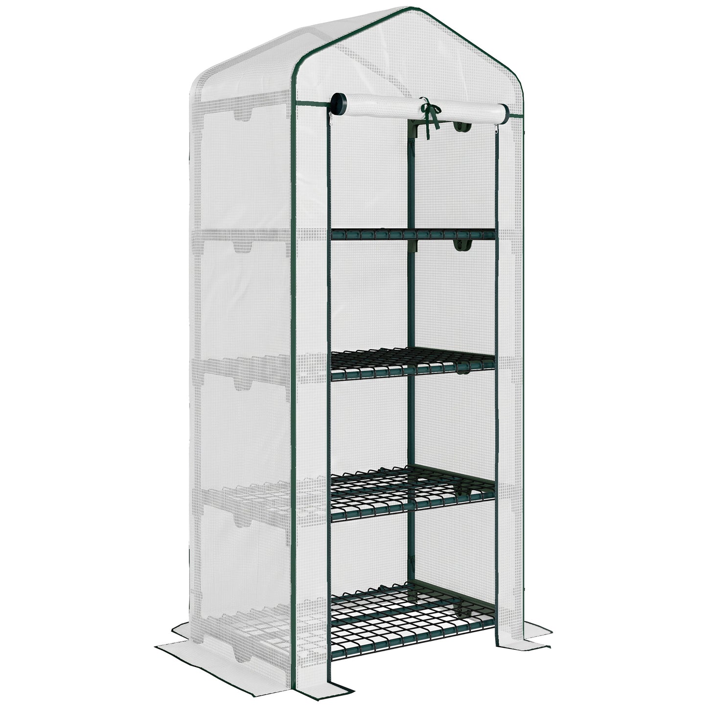 Photo of Outsunny 4 Tier Mini Greenhouse, Portable Compact Green House with Steel Frame, PE Cover, Roll-up Door, 70 x 50 x 160 cm, White in White colour on a white background