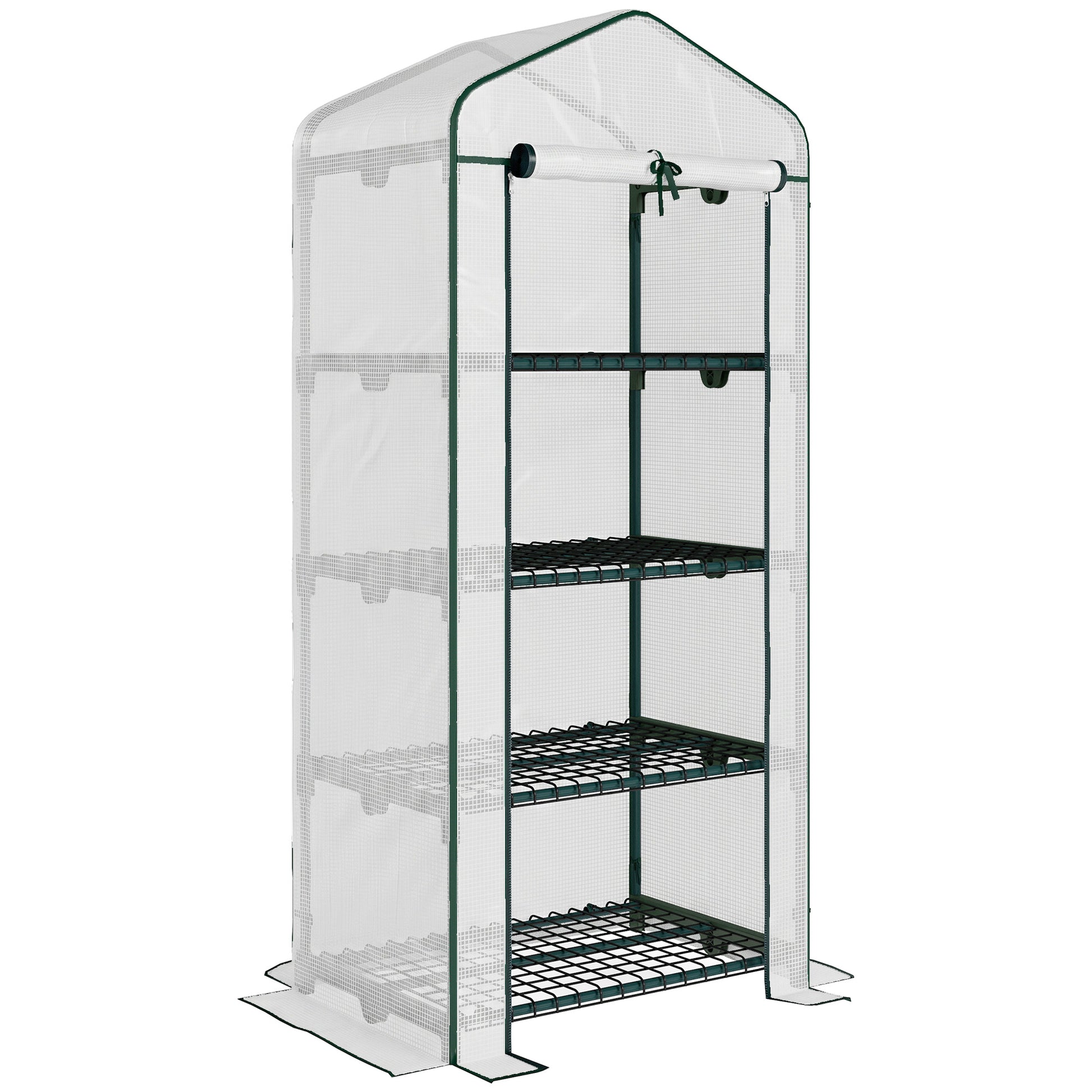 Photo of Outsunny 4 Tier Mini Greenhouse, Portable Compact Green House with Steel Frame, PE Cover, Roll-up Door, 70 x 50 x 160 cm, White in White colour on a white background