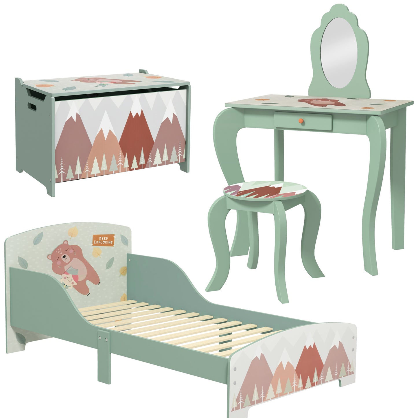Photo of ZONEKIZ Kids Bedroom Furniture Set Includes Bed Frame, Kids Toy Chest, Dressing Table with Mirror and Stoolfor Ages 3-6 Years, Green in Green colour on a white background