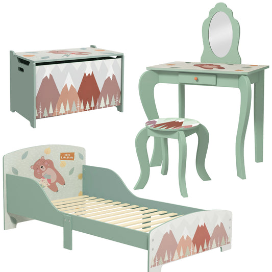 Photo of ZONEKIZ Kids Bedroom Furniture Set Includes Bed Frame, Kids Toy Chest, Dressing Table with Mirror and Stoolfor Ages 3-6 Years, Green in Green colour on a white background