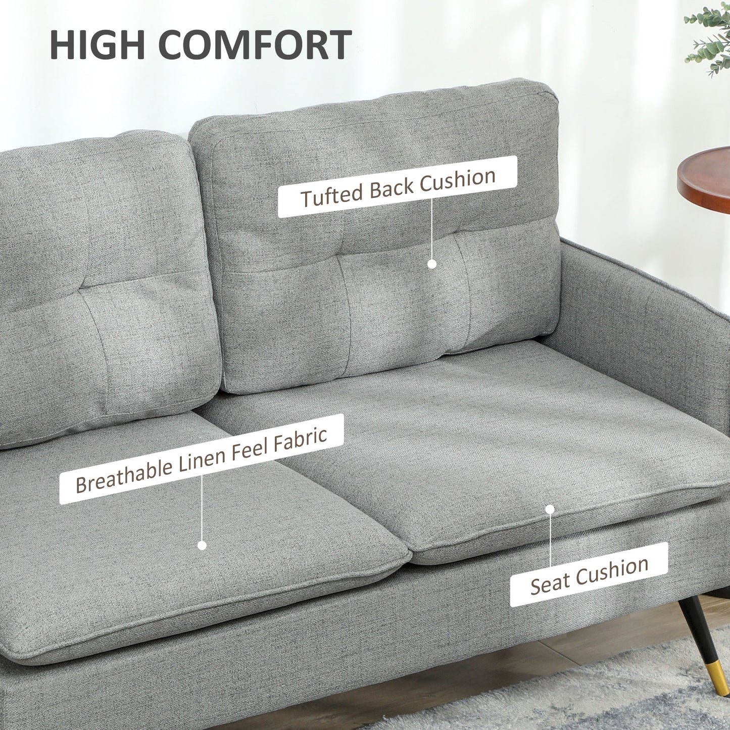 HOMCOM Modern Two Seater Sofa, Button Tufted Loveseat with Cushions and Steel Legs for Living Room, Guest Room, Grey