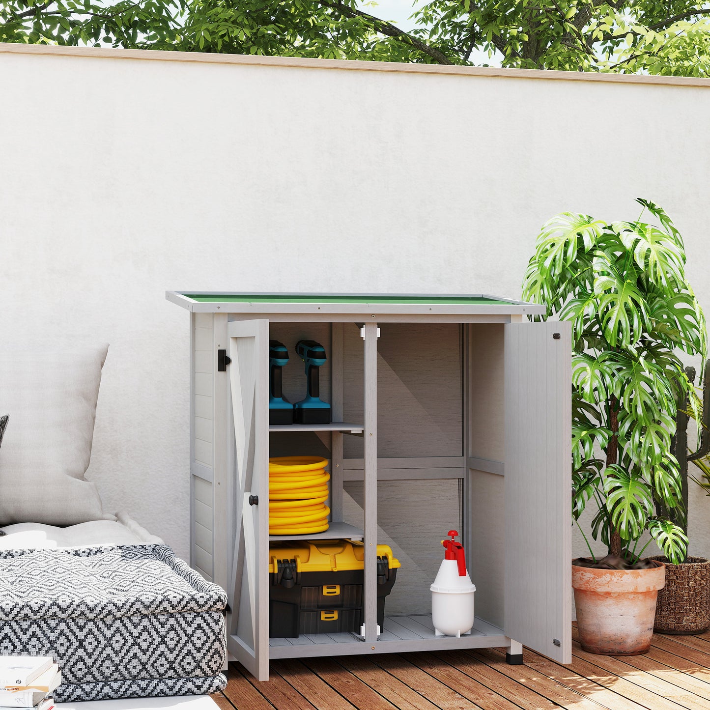 Outsunny 46.5 x 97cm Compact Wooden Storage Shed - Light Grey