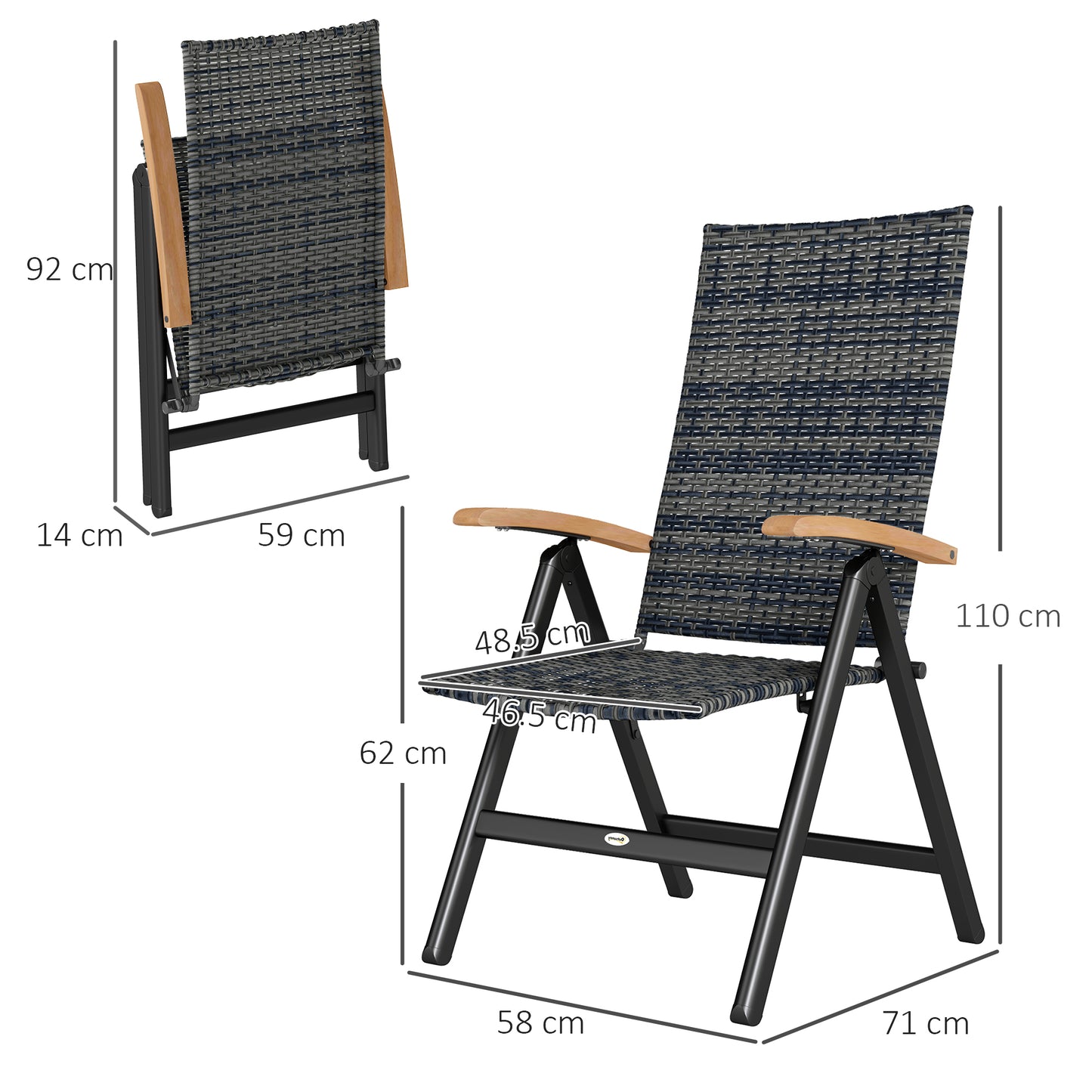 Outsunny 2 Pieces Folding Rattan Garden Dining Chairs with 5-level Reclining High Back, Wood Armrests for Outdoor - Mixed-grey