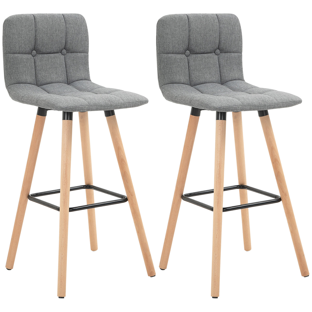 Two gray button-tufted counter stools with padded seats, wood legs, and black footrests