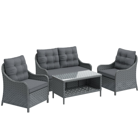 Photo of Outsunny 4-Piece Wicker Patio Furniture Set with 2 Armchairs, Loveseat, Glass Coffee Table, Conversation Sofa Set, Dark Grey in Grey colour on a white background