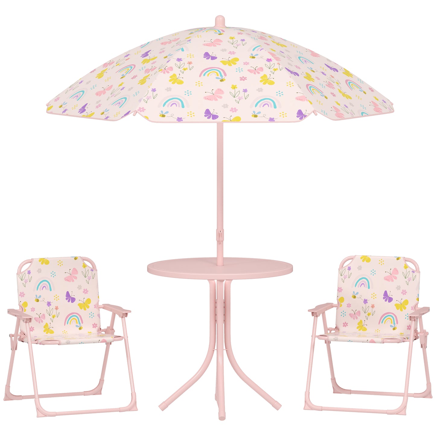 Photo of AIYAPLAY 4-Piece Kids Garden Table and Chair Set with Adjustable Parasol, Folding Chairs, Table, Rainbow Pattern, Pink in Pink colour on a white background