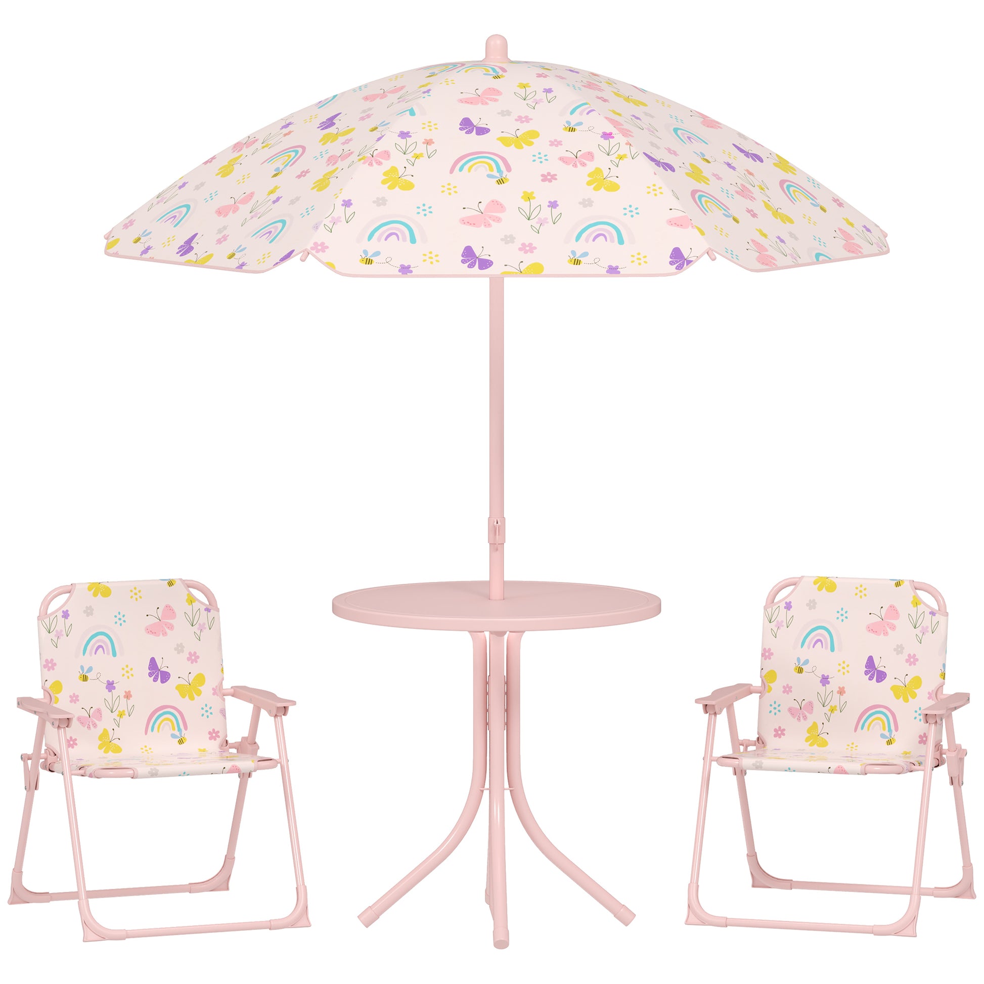 Photo of AIYAPLAY 4-Piece Kids Garden Table and Chair Set with Adjustable Parasol, Folding Chairs, Table, Rainbow Pattern, Pink in Pink colour on a white background