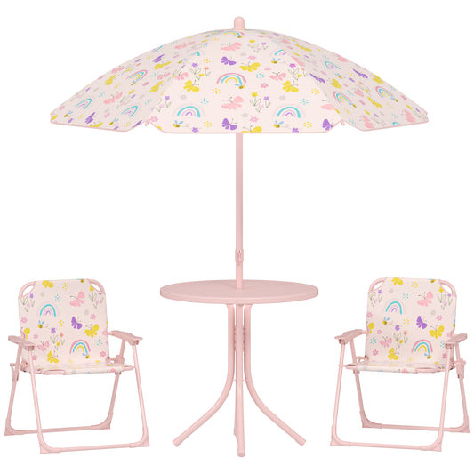 Photo of AIYAPLAY 4-Piece Kids Garden Table and Chair Set with Adjustable Parasol, Folding Chairs, Table, Rainbow Pattern, Pink in Pink colour on a white background