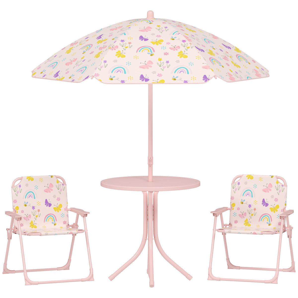 Photo of AIYAPLAY 4-Piece Kids Garden Table and Chair Set with Adjustable Parasol, Folding Chairs, Table, Rainbow Pattern, Pink in Pink colour on a white background
