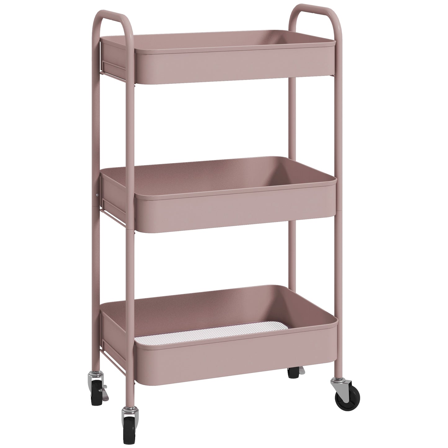 Photo of HOMCOM Three-Tier Steel Storage Trolley - Pink in Pink colour on a white background