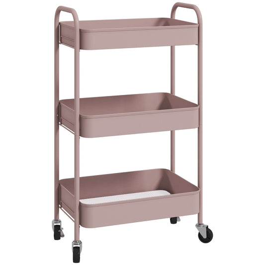 Photo of HOMCOM Three-Tier Steel Storage Trolley - Pink in Pink colour on a white background